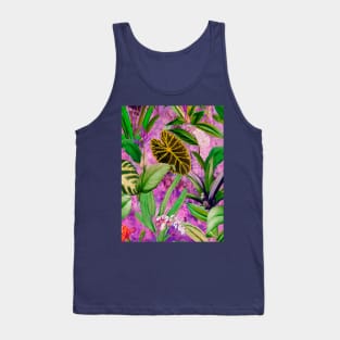 Stylish Tropical floral leaves and foliage botanical illustration, botanical pattern, tropical plants, pink purple leaves pattern over a Tank Top